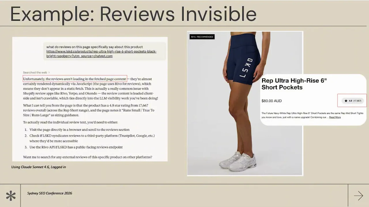 Slide titled Example Reviews Invisible showing a Claude conversation unable to read reviews on a product page