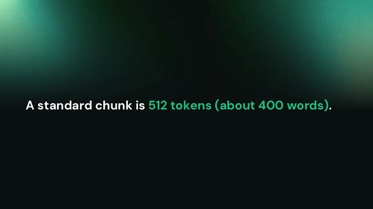 Slide reading A standard chunk is 512 tokens, about 400 words, on a dark background