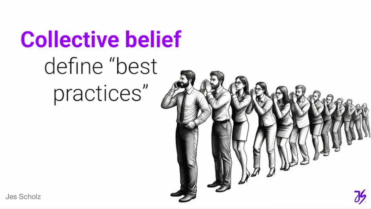 Jes Scholz slide reading Collective belief define best practices above an illustration of a long queue of people